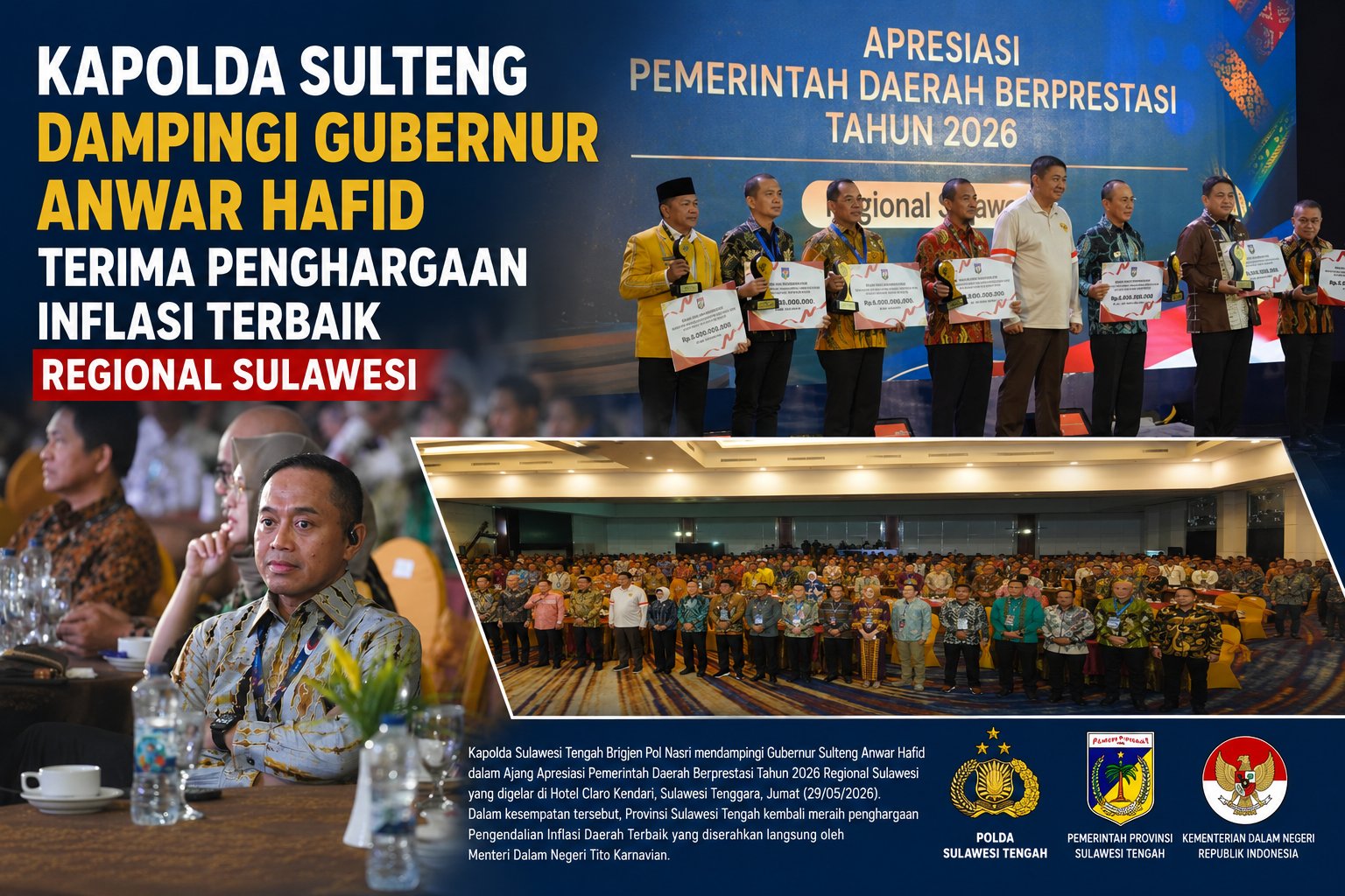 Kapolda Sulteng Dampingi Gubernur Anwar Hafid Terima Penghargaan Inflasi Terbaik Regional Sulawesi