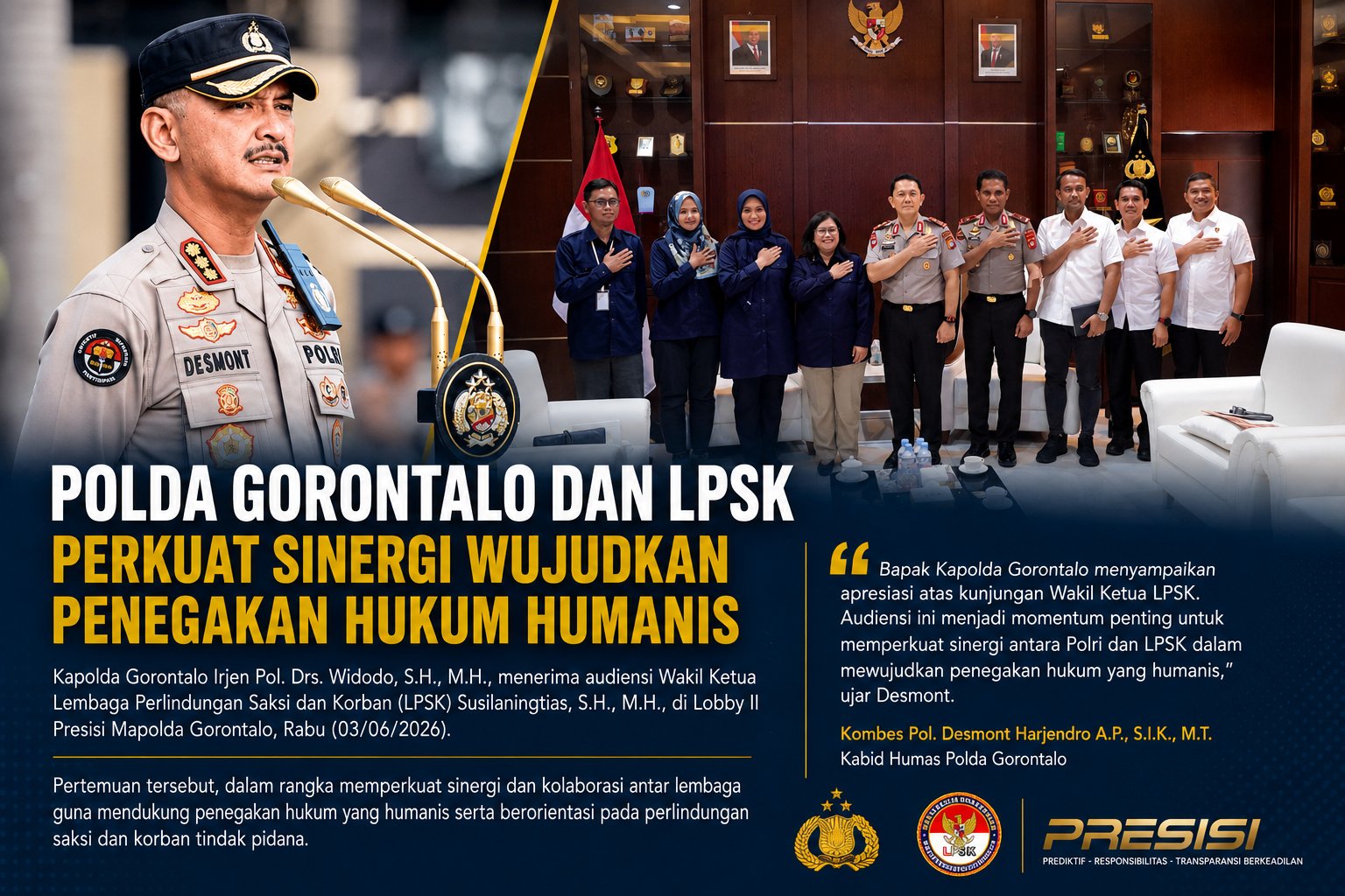 Desmont: Audiensi Polda Gorontalo dan LPSK Jadi Momentum Perkuat Sinergi Kelembagaan