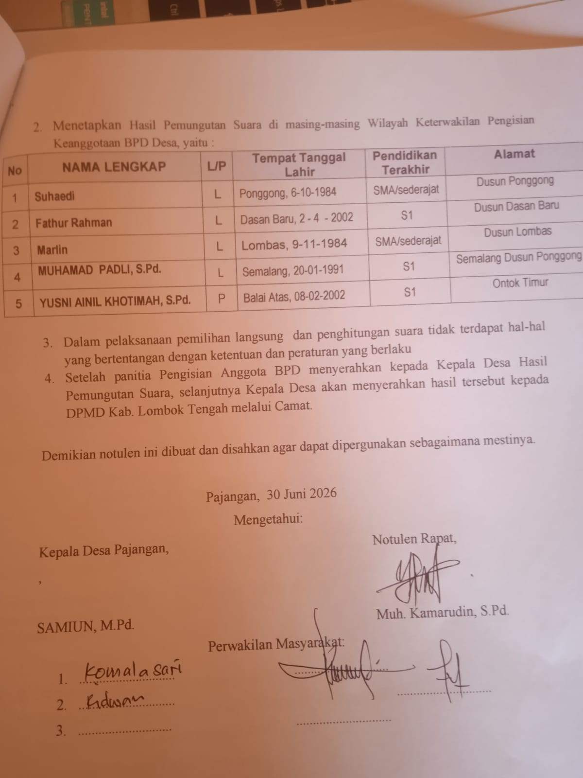 BPD Terpilih di Desa Pajangan Rampung Ditetapkan, Pelantikan Serentak se-Lombok Tengah Dijadwalkan 28 Agustus 2026